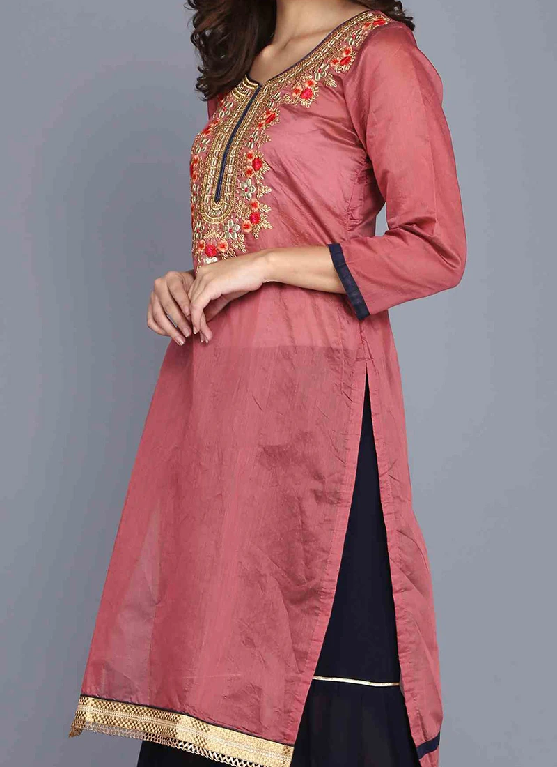Dusty Pink Chanderi Silk Machine Embroidery Kurta Sharara Set Party Wear 3 Dusty Pink Chanderi Silk Machine Embroidery Kurta Sharara Set Party Wear