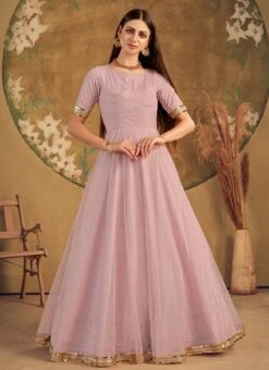 Dusty Pink Net Metalic Foil Work Anarkali Gown Party Wear -ZariGrace Shop dusty pink net metalic foil work anarkali gown bgwsom4615 u