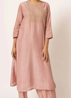 Dusty Pink Pure Chanderi Silk Embroidered Kurta Salwar Set Party Wear