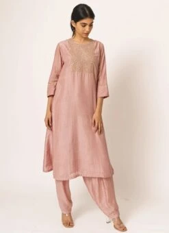 Dusty Pink Pure Chanderi Silk Embroidered Kurta Salwar Set Party Wear -ZariGrace Shop dusty pink pure chanderi silk embroidered kurta salwar set krsdvcsvks48 u