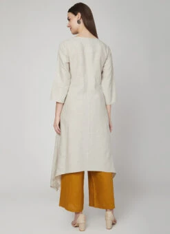 Dusty White N Mustard Linen Kurta Palazzo Set Work Wear -ZariGrace Shop dusty white n mustard linen kurta palazzo set krsdvcsvts11 b