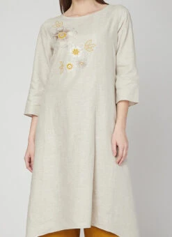 Dusty White N Mustard Linen Kurta Palazzo Set Work Wear