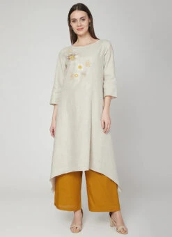 Dusty White N Mustard Linen Kurta Palazzo Set Work Wear -ZariGrace Shop dusty white n mustard linen kurta palazzo set krsdvcsvts11 u