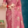 Elegant Dusty Pink Organza Silk Stones Work Saree With Blouse Party Wear