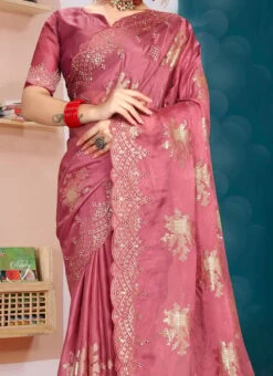 Elegant Dusty Pink Organza Silk Stones Work Saree With Blouse Party Wear