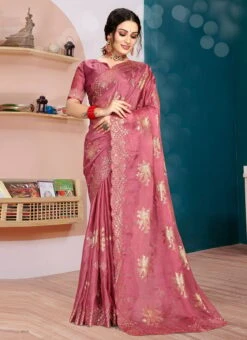 Elegant Dusty Pink Organza Silk Stones Work Saree With Blouse Party Wear -ZariGrace Shop elegant dusty pink organza silk stones work saree with blouse sasnf6794 u