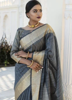 Elegant Grey Colored Zari Weaving Tussar Silk Saree Festive Wear -ZariGrace Shop elegant grey colored zari weaving tussar silk saree sasvw286 b