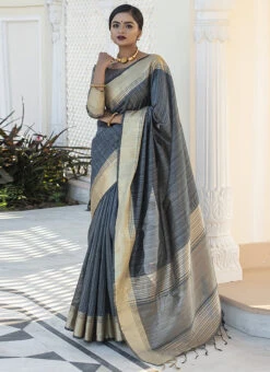 Elegant Grey Colored Zari Weaving Tussar Silk Saree Festive Wear -ZariGrace Shop elegant grey colored zari weaving tussar silk saree sasvw286 u