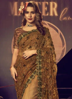 Embroidered Moti Sequins Work Brown Color Net Saree Party Wear -ZariGrace Shop embroidered moti sequins work brown color net saree sasli6705 b