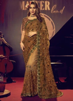 Embroidered Moti Sequins Work Brown Color Net Saree Party Wear -ZariGrace Shop embroidered moti sequins work brown color net saree sasli6705 u