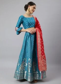 Firozi Benarasi Silk Jacquard Woven Umbrella Lehenga Festive Wear -ZariGrace Shop firozi benarasi silk jacquard woven umbrella lehenga ghsli1735390 u