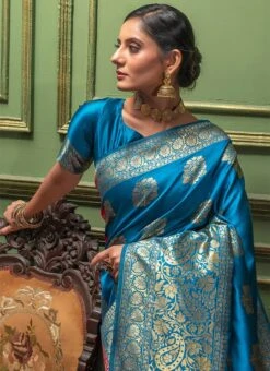 Firozi N Pink Banarasi Silk Jacquard Half N Half Saree Festive Wear -ZariGrace Shop firozi n pink banarasi silk jacquard half n half saree sasli1265154 b