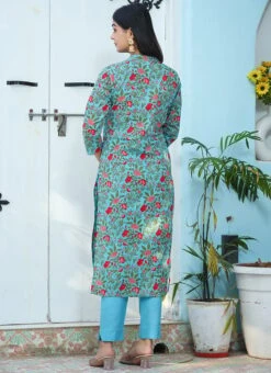 Floral Printed Blue Cotton Kurta N Straight Pant Work Wear -ZariGrace Shop floral printed blue cotton kurta n straight pant krsjsc484 b