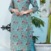 Floral Printed Blue Cotton Kurta N Straight Pant Work Wear -ZariGrace Shop floral printed blue cotton kurta n straight pant krsjsc484 l
