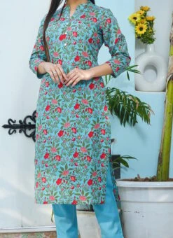 Floral Printed Blue Cotton Kurta N Straight Pant Work Wear