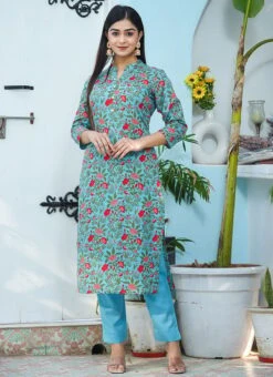 Floral Printed Blue Cotton Kurta N Straight Pant Work Wear -ZariGrace Shop floral printed blue cotton kurta n straight pant krsjsc484 u
