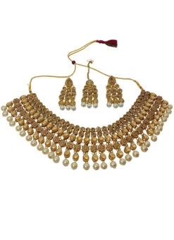 Gold Alloy Kundan Necklace Set With Earrings N Mangtika Party Wear -ZariGrace Shop gold alloy kundan necklace set with earrings n mangtika jysmvd10856 b