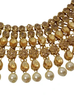 Gold Alloy Kundan Necklace Set With Earrings N Mangtika Party Wear