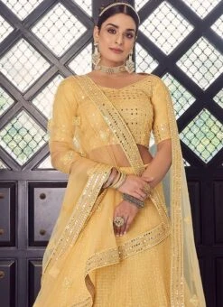 Gold Georgette Mirror Embroidered A Line Lehenga Wedding Wear -ZariGrace Shop gold georgette mirror embroidered a line lehenga ghmkns9705 b