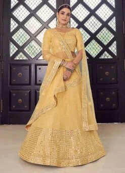 Gold Georgette Mirror Embroidered A Line Lehenga Wedding Wear -ZariGrace Shop gold georgette mirror embroidered a line lehenga ghmkns9705 u