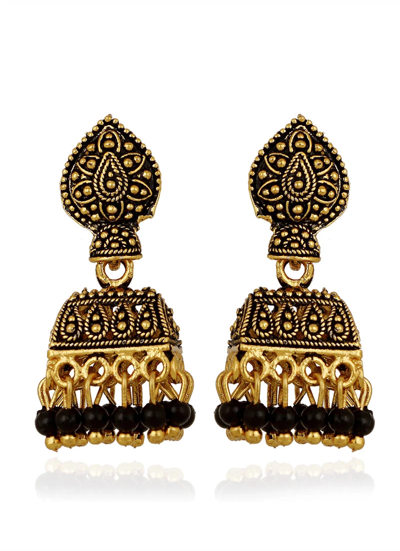 Gold N Black Jhumka Earrings Festive Wear 5 Gold N Black Jhumka Earrings Festive Wear - Image 3