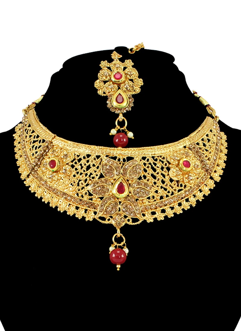 Gold N Red Designer Necklace Set Party Wear 3 Gold N Red Designer Necklace Set Party Wear