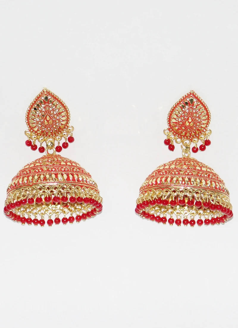 Gold N Red Jhumka Earrings Festive Wear 5 Gold N Red Jhumka Earrings Festive Wear - Image 3