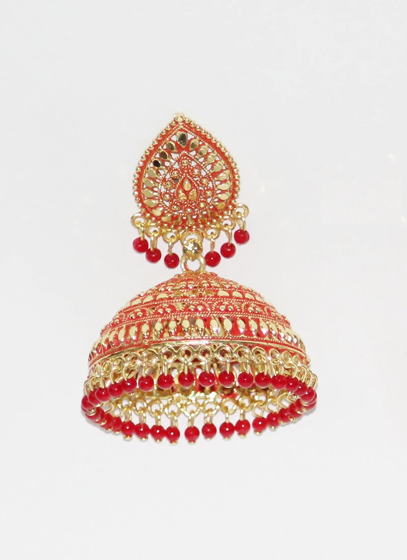 Gold N Red Jhumka Earrings Festive Wear 3 Gold N Red Jhumka Earrings Festive Wear