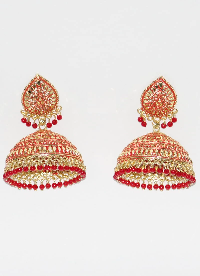 Gold N Red Jhumka Earrings Festive Wear 4 Gold N Red Jhumka Earrings Festive Wear - Image 2