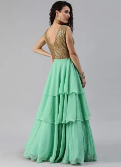 Gold Sequins Embroidered V Neck Gown Party Wear -ZariGrace Shop gold sequins embroidered v neck gown IWBS02001204 b