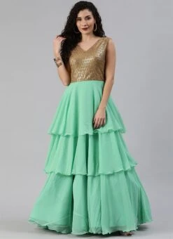 Gold Sequins Embroidered V Neck Gown Party Wear -ZariGrace Shop gold sequins embroidered v neck gown IWBS02001204 u