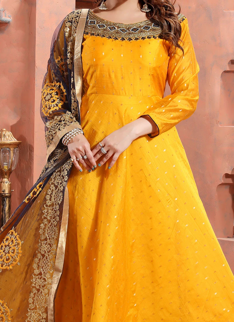 Golden Art Silk Embroidered Gown Party Wear 3 Golden Art Silk Embroidered Gown Party Wear