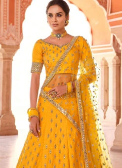 Golden Mustard Benarasi Silk Mirror Embroidery N Stones Umbrella Lehenga Wedding Wear -ZariGrace Shop golden mustard benarasi silk mirror embroidery n stones umbrella lehenga ghsaj42308508 b