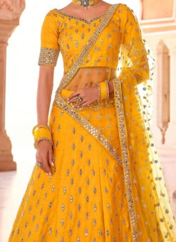 Golden Mustard Benarasi Silk Mirror Embroidery N Stones Umbrella Lehenga Wedding Wear