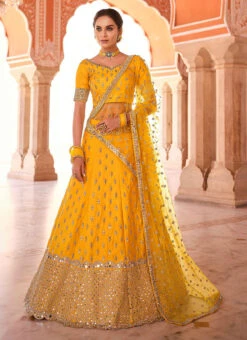 Golden Mustard Benarasi Silk Mirror Embroidery N Stones Umbrella Lehenga Wedding Wear -ZariGrace Shop golden mustard benarasi silk mirror embroidery n stones umbrella lehenga ghsaj42308508 u