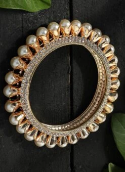 Golden Plated Off White Alloy Stone Pearl Bangles Party Wear -ZariGrace Shop golden plated off white alloy stone pearl bangles hjbdmf003 b