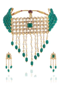 Green Alloy Choker Necklace Set Party Wear -ZariGrace Shop green alloy choker necklace set jysmpf9872 b