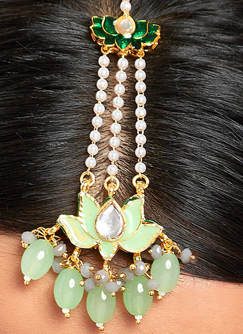 Green Alloy Kundan Polki Mangtikka Party Wear 3 Green Alloy Kundan Polki Mangtikka Party Wear