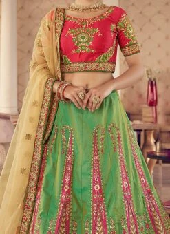 Green Art Silk Embroidered N Stones A Line Lehenga Wedding Wear