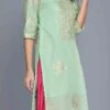 Green Chanderi Cotton Aari Embroidery Kurta Salwar Set Party Wear