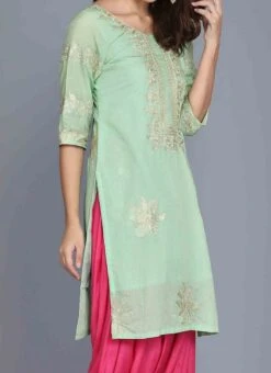 Green Chanderi Cotton Aari Embroidery Kurta Salwar Set Party Wear