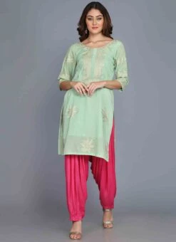 Green Chanderi Cotton Aari Embroidery Kurta Salwar Set Party Wear -ZariGrace Shop green chanderi cotton aari embroidery kurta salwar set krskifh99660001313 u