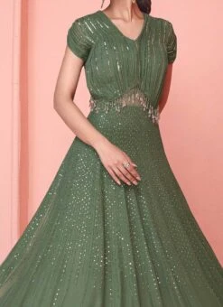 Green Chinon Sequins Dresses And Gown Party Wear