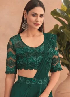 Green Chinon Silk Embroidered Ready Pleated Saree Party Wear -ZariGrace Shop green chinon silk embroidered ready pleated saree saska36307302c b