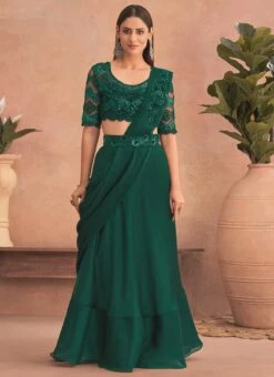 Green Chinon Silk Embroidered Ready Pleated Saree Party Wear -ZariGrace Shop green chinon silk embroidered ready pleated saree saska36307302c u