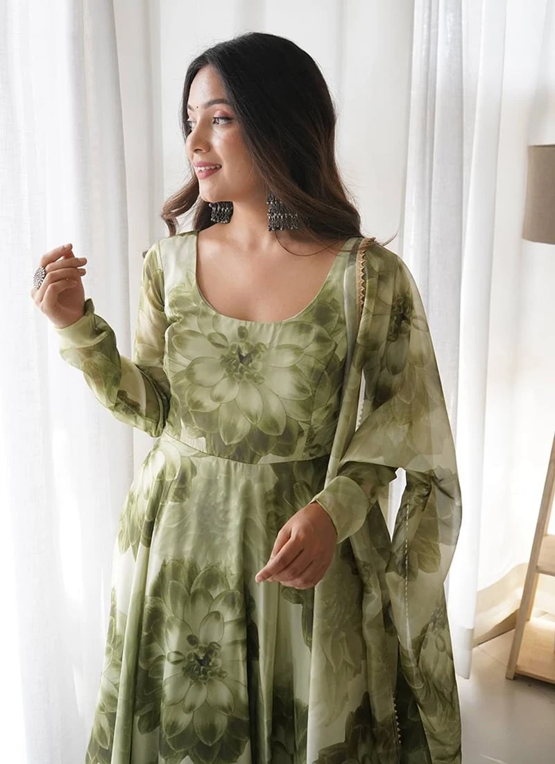 Green Digital Print Organza Anarkali Suit After Six Wear 6 Green Digital Print Organza Anarkali Suit After Six Wear - Image 4