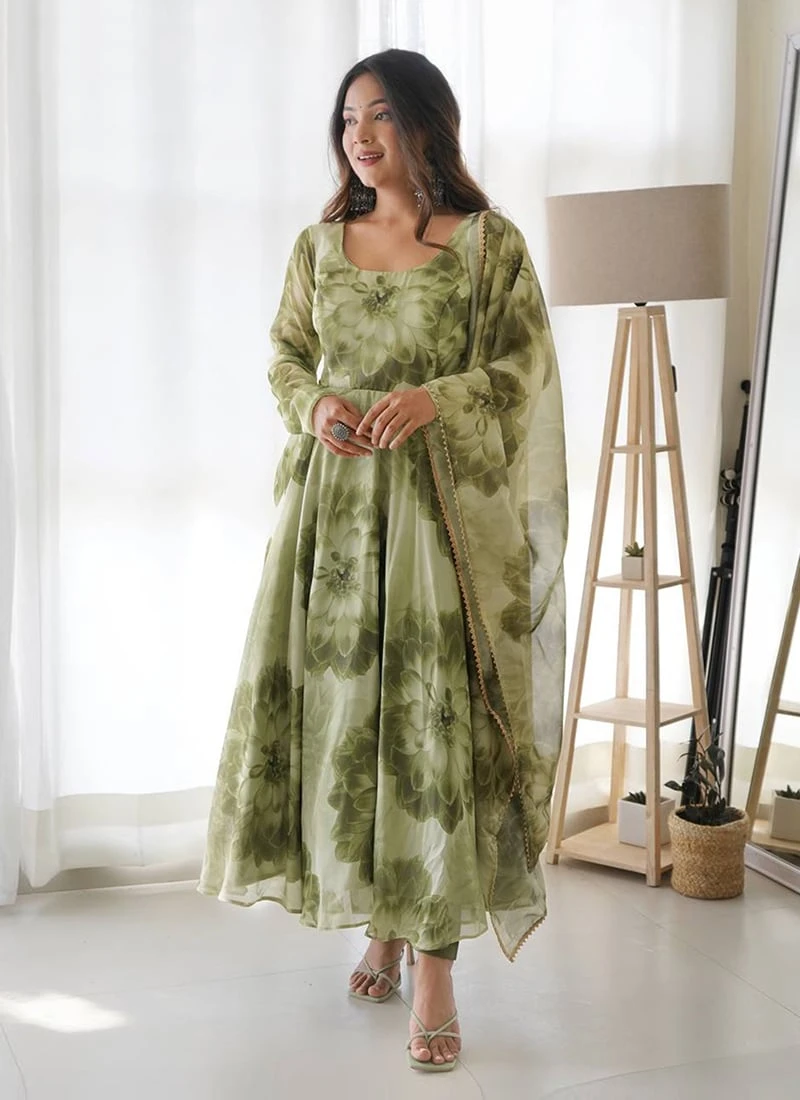Green Digital Print Organza Anarkali Suit After Six Wear 5 Green Digital Print Organza Anarkali Suit After Six Wear - Image 3