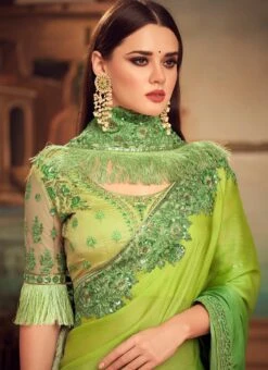Green Faux Chiffon Saree Party Wear -ZariGrace Shop green faux chiffon saree samnks25004 b