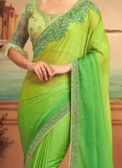 Green Faux Chiffon Saree Party Wear