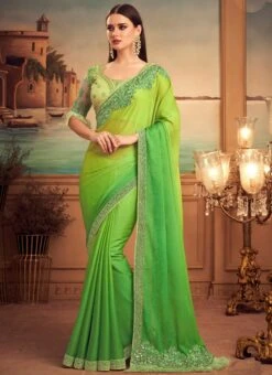 Green Faux Chiffon Saree Party Wear -ZariGrace Shop green faux chiffon saree samnks25004 u